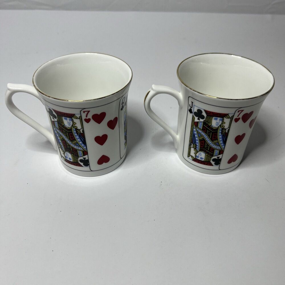 Queens bone china coffee mugs decorated with playing cards